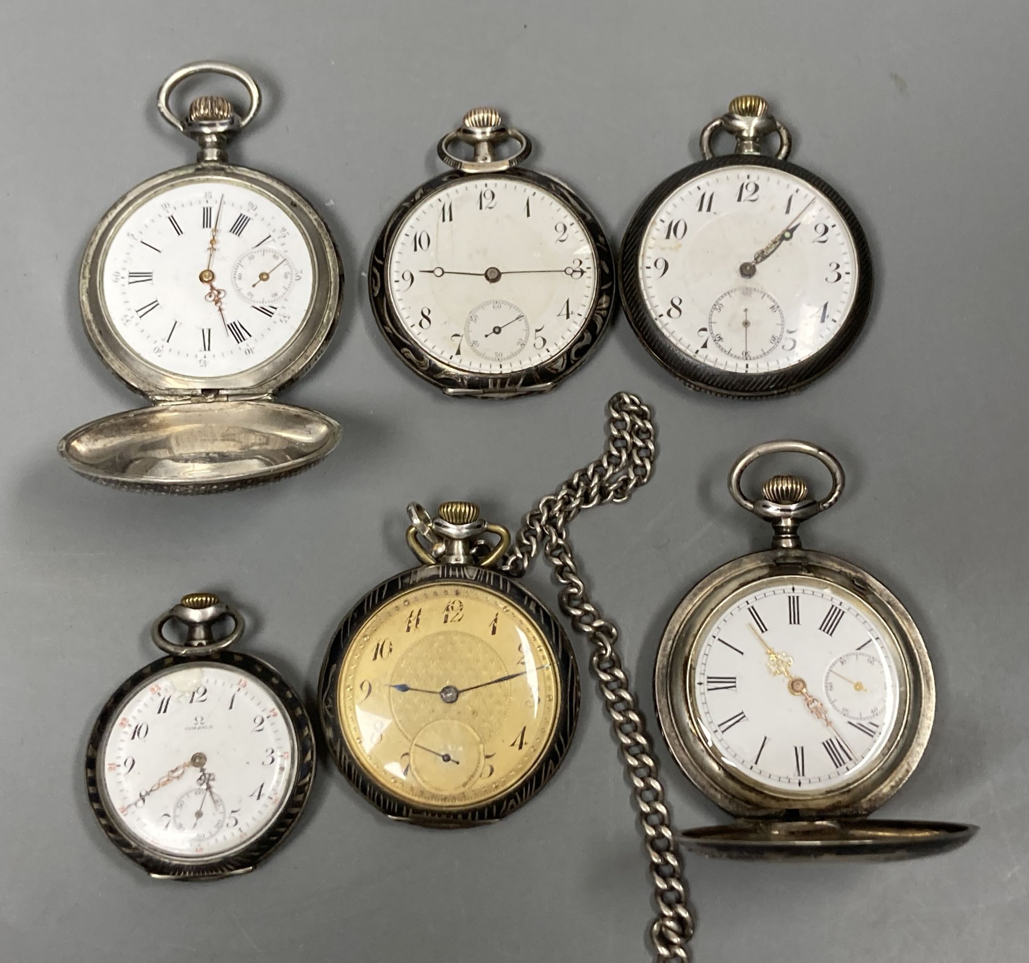 A German 800 standard and niello open face pocket watch and five other niello decorated pocket watches.